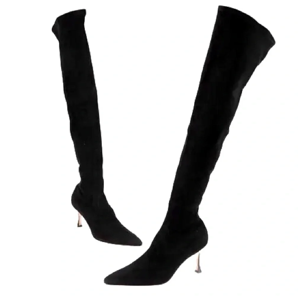 Manolo Blahnik Black Suede Thigh High Over-the-knee Pointed Heeled Boots, 37.5